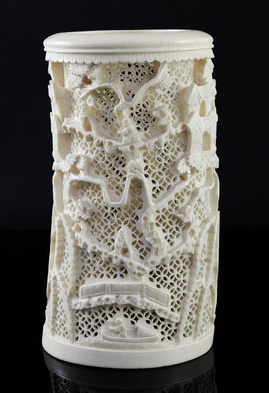 A Chinese ivory brush pot, early 20th century, height 20cm